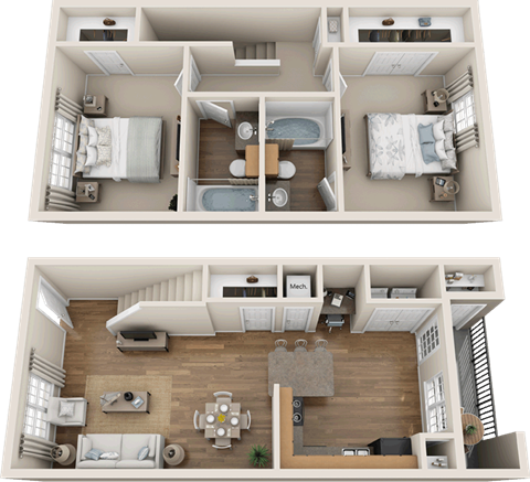 Floor plan for 2 beds, 2 baths, 1000 sqft